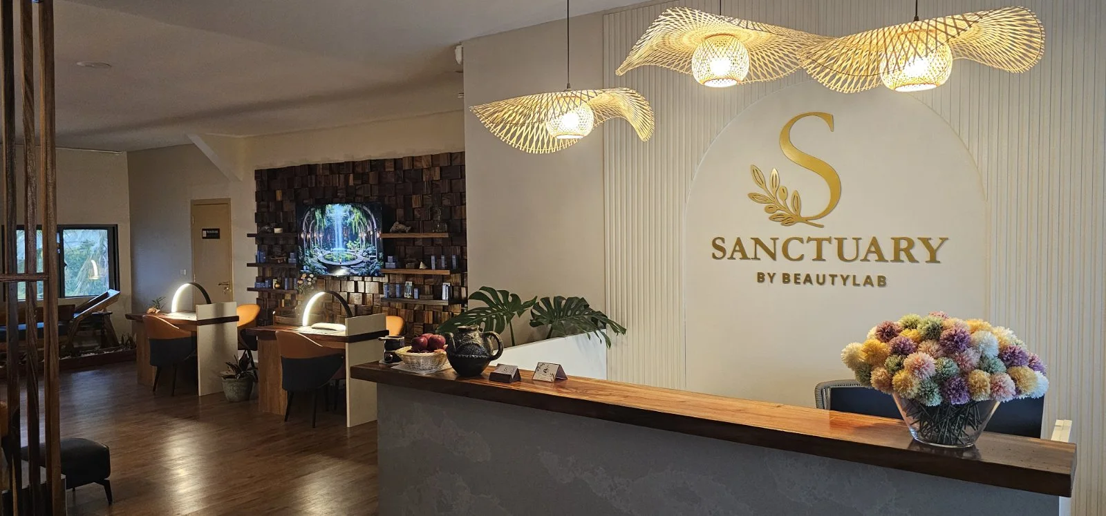Wide view of the Sanctuary reception and beauty lounge